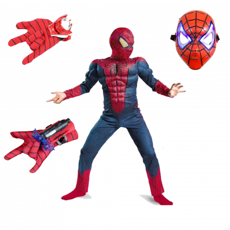 Set costum Spiderman cu muschi, 2 lansatoare si masca plastic LED, rosu [0]