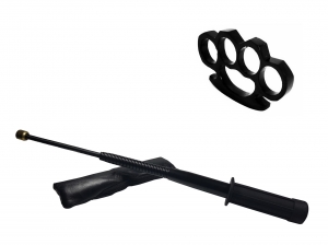 Set baston telescopic flexibil negru maner tip tonfa 47 cm +  box negru 0.5 cm grosime [0]