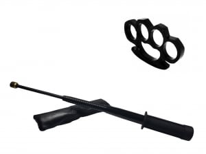 Set baston telescopic flexibil negru maner tip tonfa 47 cm +  box negru 1 cm grosime [0]