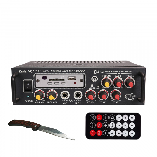 Amplificator digital, tip Statie, 2x25 W, telecomanda, USB-SD, 2 intrari microfon, briceag buzunar cadou [1]
