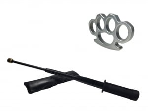 Set baston telescopic flexibil negru maner tip tonfa 47 cm + box argintiu 0,5 cm grosime [0]