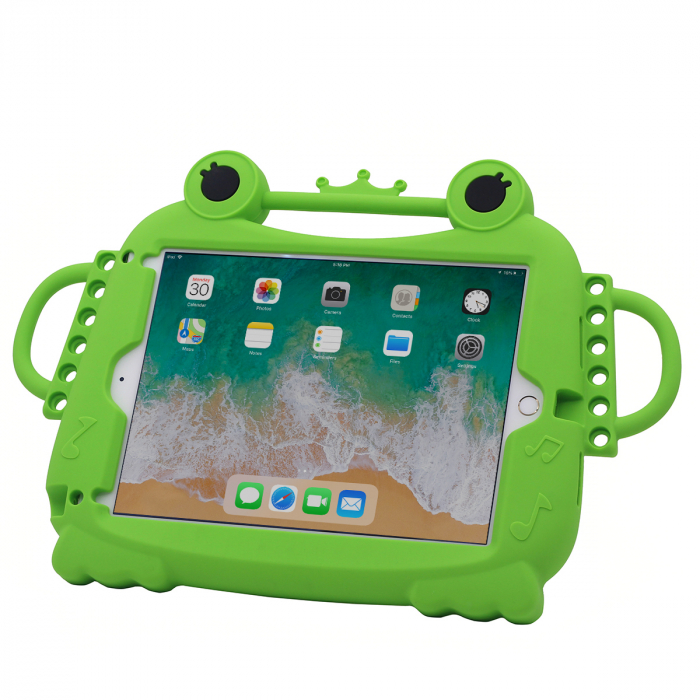 Husa protectie tableta, pentru copii, silicon, iPad Air, iPad Air 2, iPad Pro 9.7, iPad New 9.7, protectie silicon antisoc rezistenta la lovituri, acces la toate porturile, Broasca, verde [2]