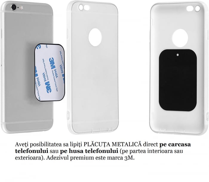 Set 4 placute metalice pentru suport magnetic de telefon, adeziv 3M, dimensiunea 4.5 x 6.5 cm, utilizare universala, negru [5]