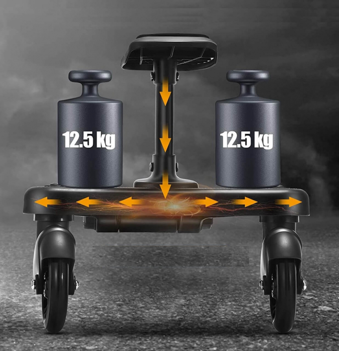 Adaptor de carucior pentru al doilea copil, remorca carucior, platforma buggy board cu scaun demontabil, 2 roti, capacitate 25 kg, universal, negru [4]