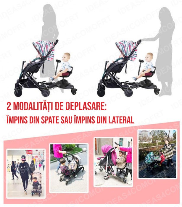 Adaptor de carucior pentru al doilea copil, buggy board cu scaun demontabil, 2 roti, capacitate 25 kg, universal, Ideas4Comfort, negru [9]