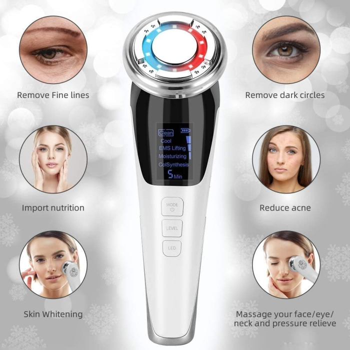 Aparat pentru tratament facial 5 in 1 cu vibratii EMS, functie hot & cool, lifting, anti rid, cearcane, anti-aging, dispozitiv profesional ingrijire ten, USB, portabil [3]
