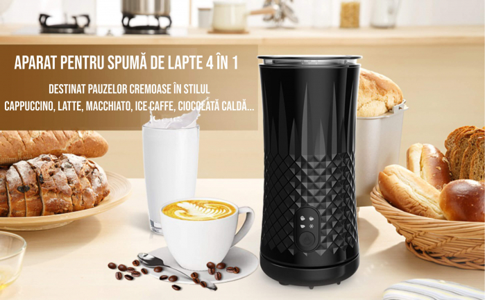 Aparat spuma lapte 4 in 1 pentru cafea tip Milk Frother, 240 ml, 400W, spuma calda/rece latte, cappuccino, macchiato, frappe, burete, 2 teluri spumare, perie, spatula silicon, 2 pahare termice incluse [6]