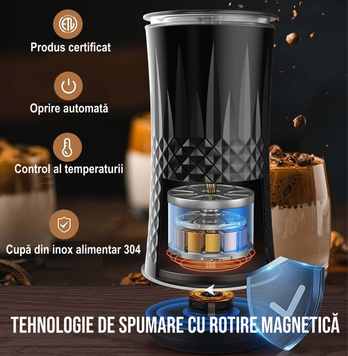 Aparat spuma lapte 4 in 1 pentru cafea tip Milk Frother, 240 ml, 400W, spuma calda/rece latte, cappuccino, macchiato, frappe, burete, 2 teluri spumare, perie, spatula silicon, 2 pahare termice incluse [2]
