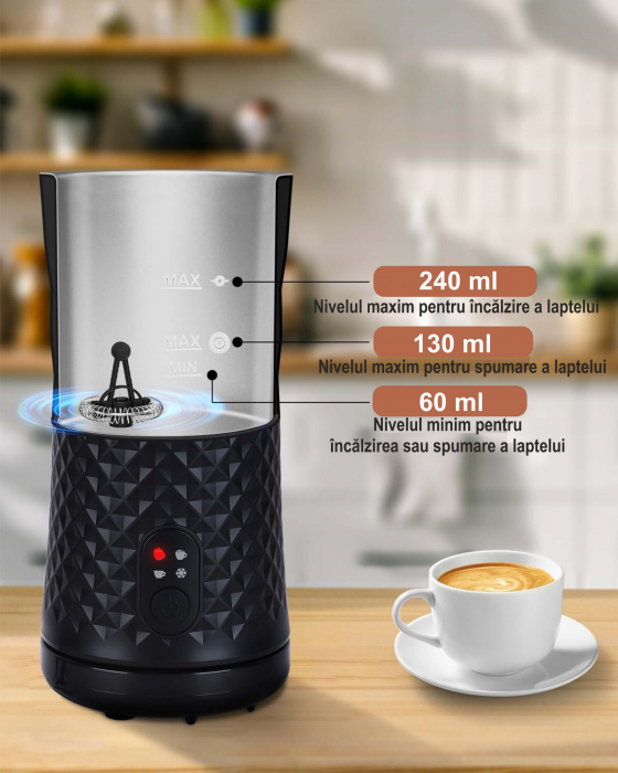 Aparat spuma lapte 4 in 1 pentru cafea tip Milk Frother, 240 ml, 400W, spuma calda/rece latte, cappuccino, macchiato, frappe, burete, 2 teluri spumare, perie, spatula silicon, 2 pahare termice incluse [7]