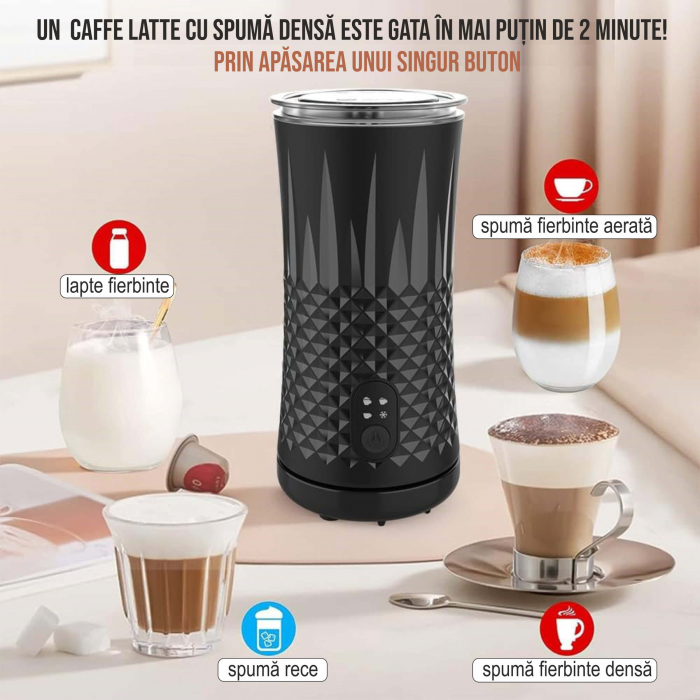 Aparat spuma lapte 4 in 1 pentru cafea tip Milk Frother, 240 ml, 400W, spuma calda/rece latte, cappuccino, macchiato, frappe, burete, 2 teluri spumare, perie, spatula silicon, 2 pahare termice incluse [3]