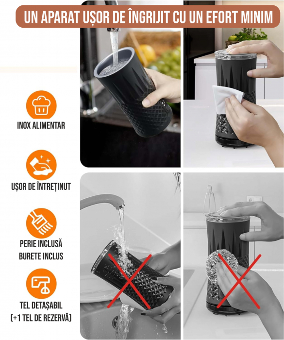 Aparat spuma lapte 4 in 1 pentru cafea tip Milk Frother, 240 ml, 400W, spuma calda/rece latte, cappuccino, macchiato, frappe, burete, 2 teluri spumare, perie, spatula silicon, 2 pahare termice incluse [8]