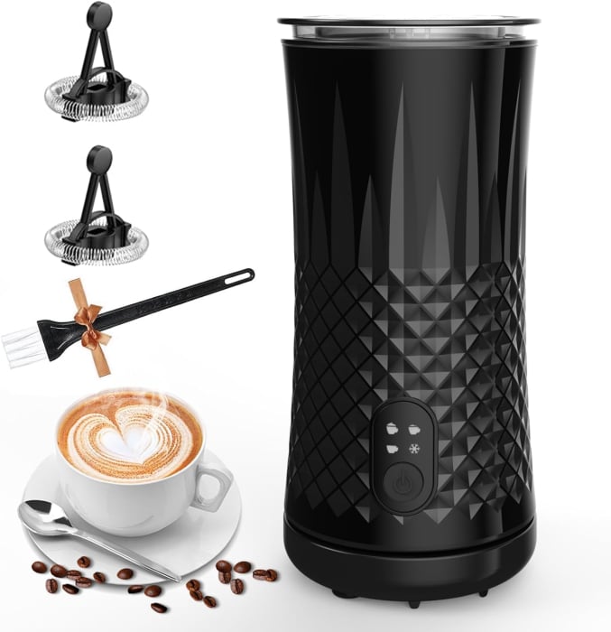 Aparat spuma lapte 4 in 1 pentru cafea tip Milk Frother, 240 ml, 400W, spuma calda/rece latte, cappuccino, macchiato, frappe, burete, 2 teluri spumare si perie incluse [1]