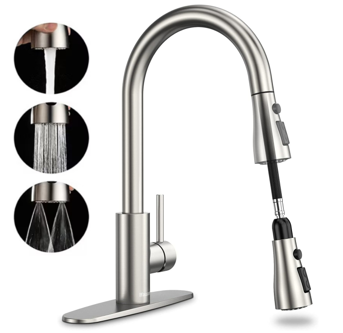 Baterie chiuveta pentru bucatarie, rotativ 360°, robinet de apa cu cap de dus extractabil, 3 functii cascada/jet/pulverizare, otel inoxidanil, monocomanda, argintiu [1]