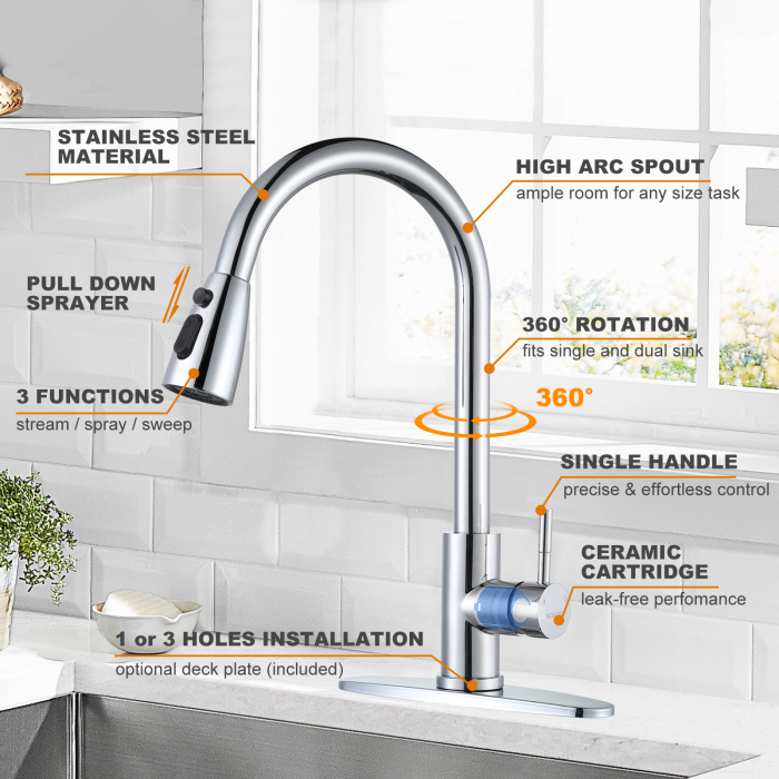 Baterie chiuveta pentru bucatarie, rotativ 360°, robinet de apa cu cap de dus extractabil, 3 functii cascada/jet/pulverizare, otel inoxidanil, monocomanda, argintiu [5]