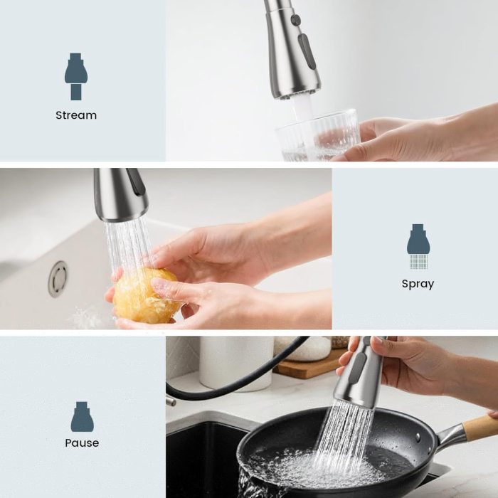 Baterie chiuveta pentru bucatarie, rotativ 360°, robinet de apa cu cap de dus extractabil, 3 functii cascada/jet/pulverizare, otel inoxidanil, monocomanda, argintiu [4]