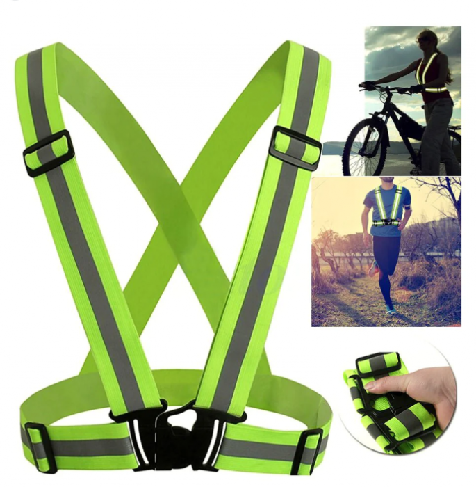 Bretele reflectorizante elastice cu benzi de semnalizare, ajustabila, marime universala, unisex, pentru ciclism sau sporturi nocturne, Ideas4Comfort, verde [2]