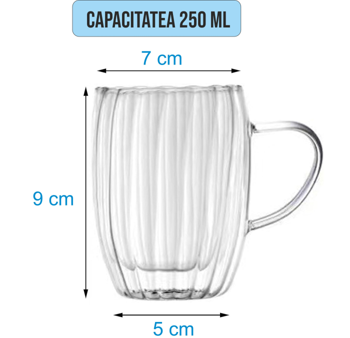Pahar perete dublu cu maner 250 ml, cu striatii, din sticla borosilicata premium termorezistenta, design modern, cana transparent cafea, cappuccino, ceai, suport de pluta inclus, transparent [2]