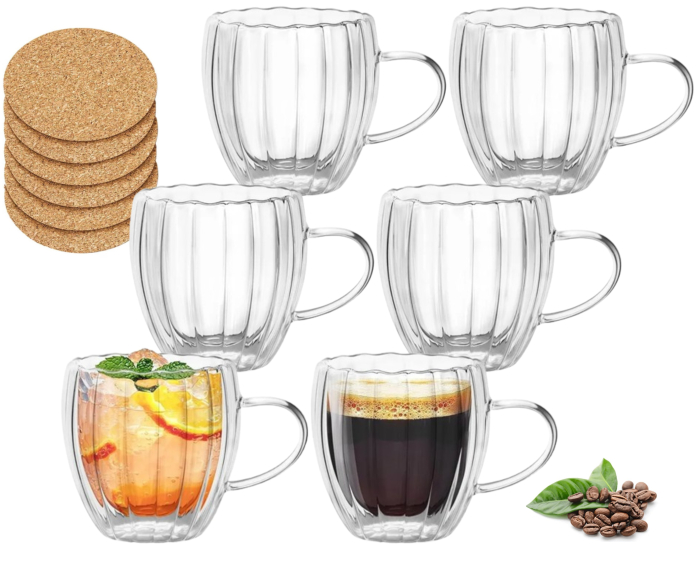 Pahar perete dublu cu maner 250 ml, cu striatii, din sticla borosilicata premium termorezistenta, design modern, cana transparent cafea, cappuccino, ceai, suport de pluta inclus, transparent [1]