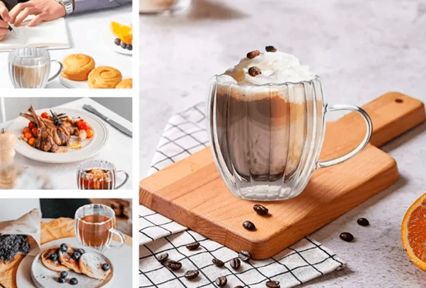 Pahar perete dublu cu maner 250 ml, cu striatii, din sticla borosilicata premium termorezistenta, design modern, cana transparent cafea, cappuccino, ceai, suport de pluta inclus, transparent [8]