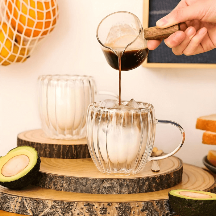 Pahar perete dublu cu maner 250 ml, cu striatii, din sticla borosilicata premium termorezistenta, design modern, cana transparent cafea, cappuccino, ceai, suport de pluta inclus, transparent [6]