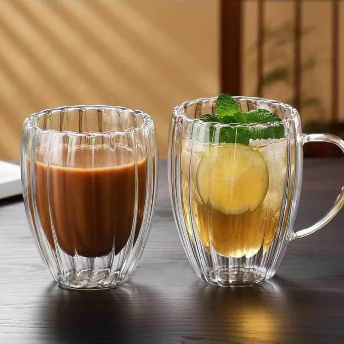Pahar perete dublu cu maner 250 ml, cu striatii, din sticla borosilicata premium termorezistenta, design modern, cana transparent cafea, cappuccino, ceai, suport de pluta inclus, transparent [5]