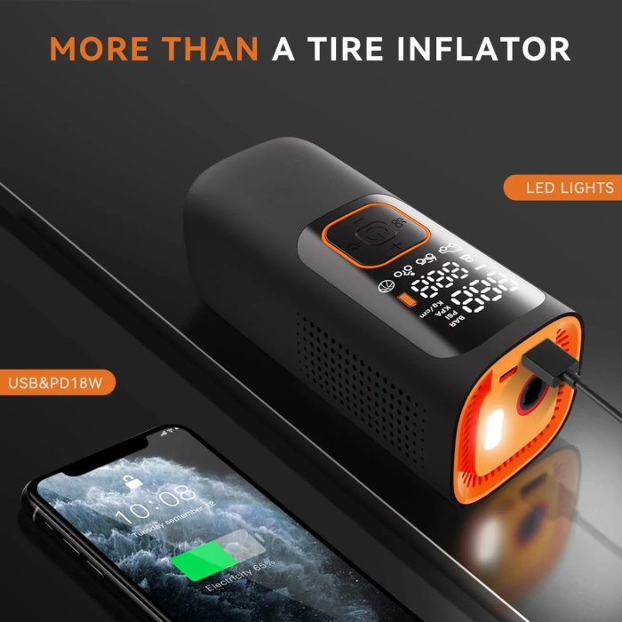 Compresor auto portabil cu lampa camping, baterie 6000 mAh, cu afisaj digital, adaptoare umflare, cablu USB, cablu bricheta, negru [4]