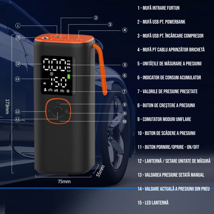 Compresor auto portabil cu lampa camping, baterie 6000 mAh, kit reparatie pana, vesta reflectorizanta, adaptoare umflare, cablu USB, cablu bricheta, stecher de priza, 2x manusi, 4 capace valva [3]