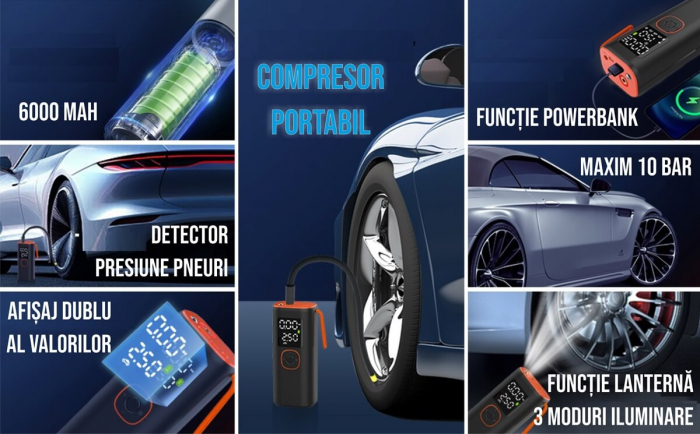 Compresor auto portabil cu lampa camping, baterie 6000 mAh, kit reparatie pana, vesta reflectorizanta, adaptoare umflare, cablu USB, cablu bricheta, stecher de priza, 2x manusi, 4 capace valva [5]
