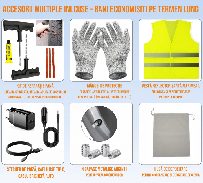 Compresor auto portabil cu lampa camping, baterie 6000 mAh, kit reparatie pana, vesta reflectorizanta, adaptoare umflare, cablu USB, cablu bricheta, stecher de priza, 2x manusi, 4 capace valva [4]