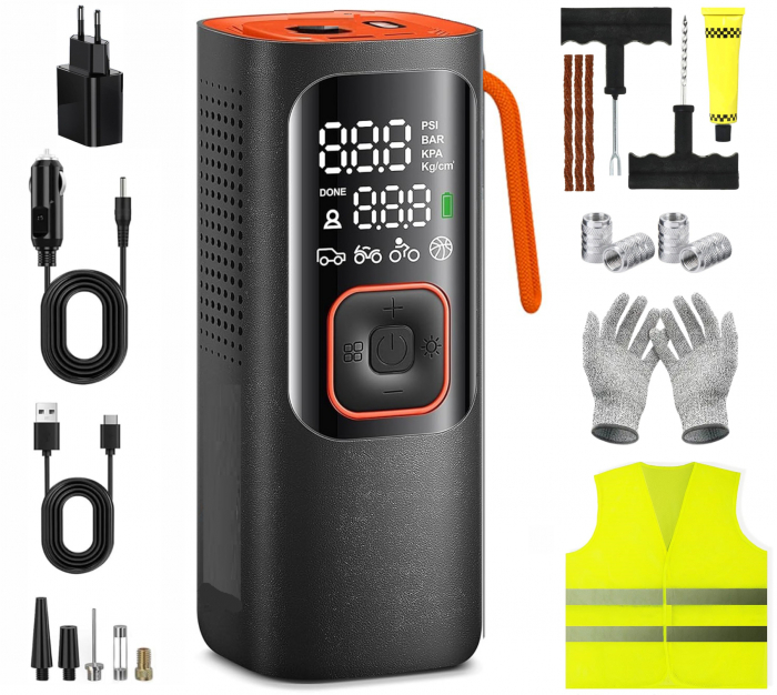 Compresor auto portabil cu lampa camping, baterie 6000 mAh, kit reparatie pana, vesta reflectorizanta, adaptoare umflare, cablu USB, cablu bricheta, stecher de priza, 2x manusi, 4 capace valva [2]