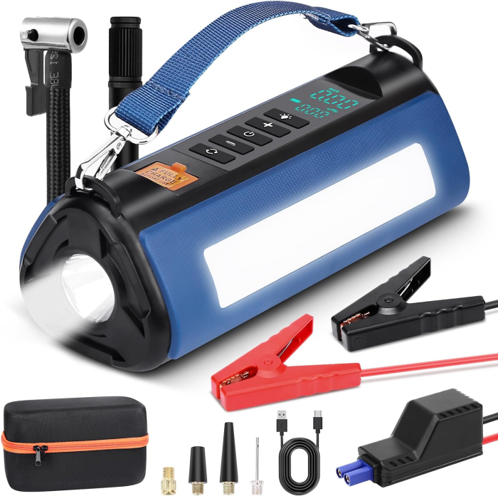 Compresor de aer cu redresor auto smart portabil, afisaj digital, cu lampa camping, baterie reincarcabila 10000 mAh, geanta depozitare, albastru [7]