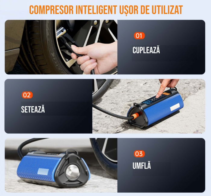 Compresor de aer cu redresor auto smart portabil, afisaj digital, cu lampa camping, baterie reincarcabila 10000 mAh, geanta depozitare, albastru [4]