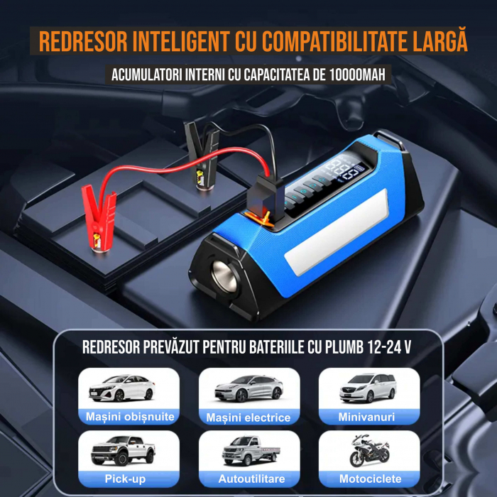 Compresor de aer cu redresor auto smart portabil, afisaj digital, cu lampa camping, baterie reincarcabila 10000 mAh, geanta depozitare, albastru [2]