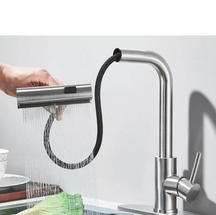 Baterie chiuveta pentru bucatarie, rotativa 360°, robinet de apa cu cap de dus extractabil, 3 functii cascada/jet/pulverizare, otel inoxidanil, monocomanda, argintiu mat [8]