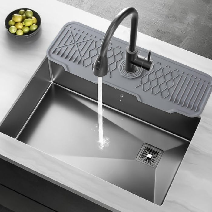 Covoras protective chiuveta din silicon pliabil, pentru bucatarie si baie, anti-alunecare, anti-stropire, tava de protectie chiuveta, 43.3x15x1.5cm, gri mat [6]