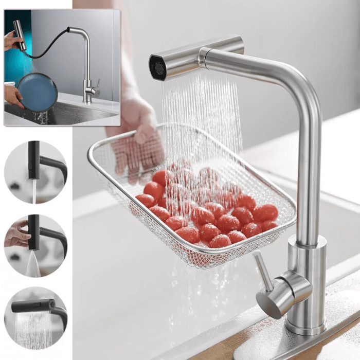 Baterie chiuveta pentru bucatarie, rotativa 360°, robinet de apa cu cap de dus extractabil, 3 functii cascada/jet/pulverizare, otel inoxidanil, monocomanda, argintiu mat [12]