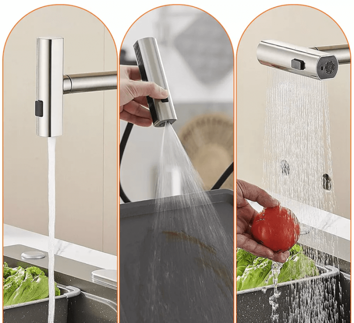 Baterie chiuveta pentru bucatarie, rotativa 360°, robinet de apa cu cap de dus extractabil, 3 functii cascada/jet/pulverizare, otel inoxidanil, monocomanda, argintiu mat [6]