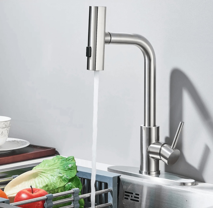 Baterie chiuveta pentru bucatarie, rotativa 360°, robinet de apa cu cap de dus extractabil, 3 functii cascada/jet/pulverizare, otel inoxidanil, monocomanda, argintiu mat [9]