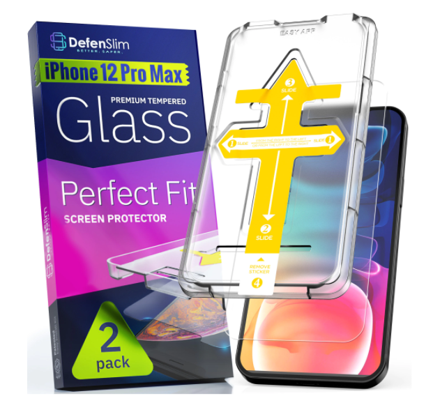 Folie sticla iPhone 12 Pro Max, set 2 buc, DefenSlim, instalare usoara cu dispozitiv de potrivire automata, Easy Install Kit patentat [6]