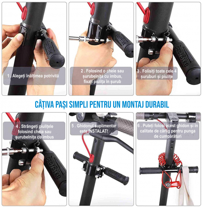 Maner ghidon suplimentar trotineta, scuter, 23 cm, reglabil, mansoane din silicon, ghidon de copil pentru trotineta, Ideas4Comfort (negru/rosu) [3]