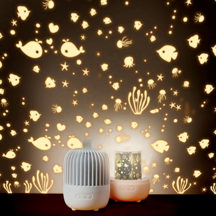 Lampa de veghe muzicala rotativa pentru copii, portabila, cu proiector, LED 3 culori, lumina reglabila, 3 filme de proiectie color, reincarcabila USB, 8 melodii, Ideas4Comfort, (alb/roz) [5]
