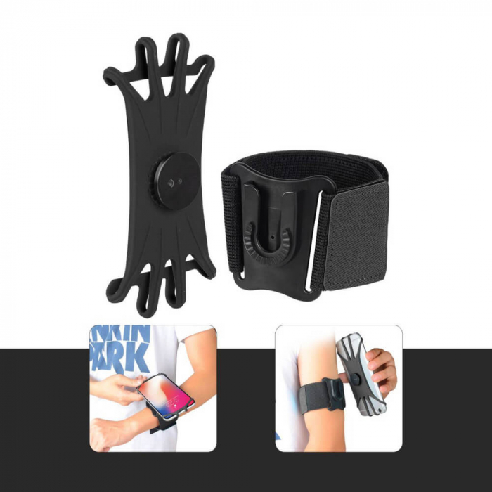 Husa banderola telefon de brat pentru alergat, cu prindere pe inchietura mainii, pentru sala, plimbari, yoga, cu buzunar chei, casti, negru [2]