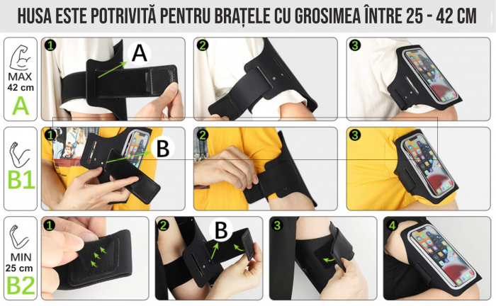 Husa banderola telefon de brat pentru alergat, sala, plimbari, yoga, cu buzunar carduri, chei, casti, negru [8]