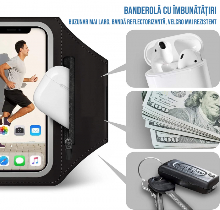 Husa banderola telefon de brat pentru alergat, sala, plimbari, yoga, cu buzunar carduri, chei, casti, negru [3]