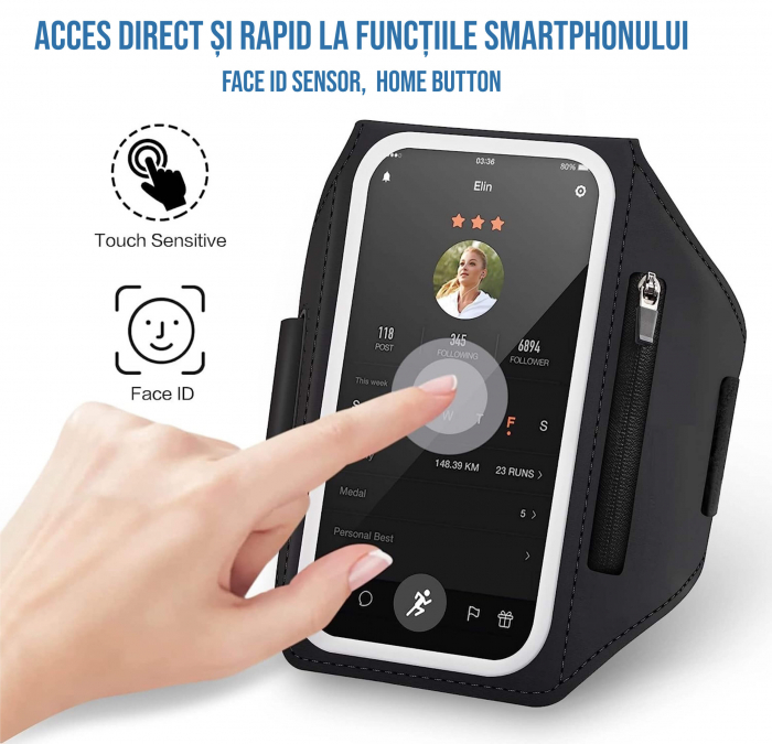 Husa banderola telefon de brat pentru alergat, sala, plimbari, yoga, cu buzunar carduri, chei, casti, negru [7]