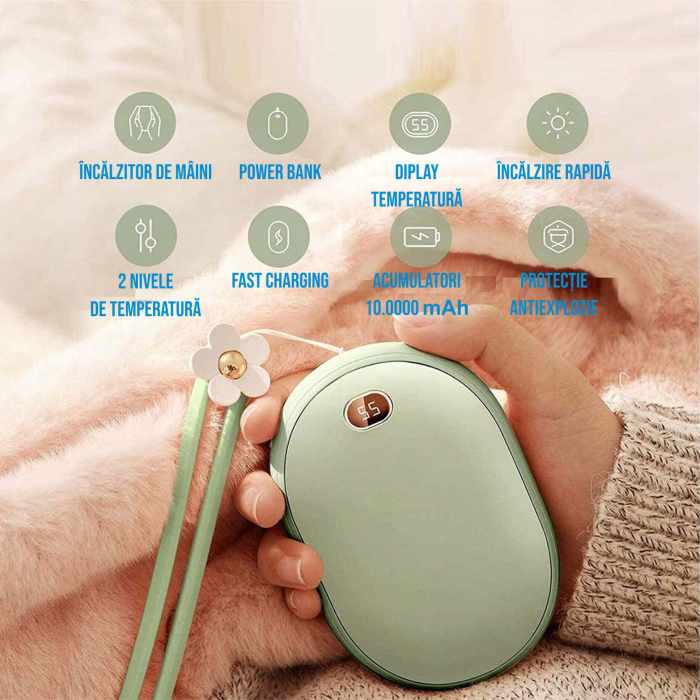 Incalzitor de maini cu powerbank 10000mAh, 12W, incarcare USB tip C, 2 trepte incalzire, pana la 6 ore de functionare, RESIGILAT [2]