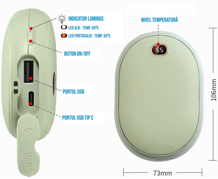 Incalzitor de maini cu powerbank 10000mAh, 12W, incarcare USB tip C, 2 trepte incalzire, pana la 6 ore de functionare, RESIGILAT [4]