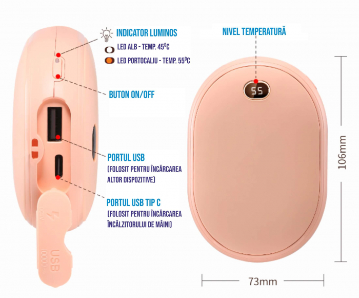 Incalzitor de maini Ideas4Comfort cu powerbank 10000mAh, 12W, incarcare USB tip C, 2 trepte incalzire, pana la 6 ore de functionare [9]