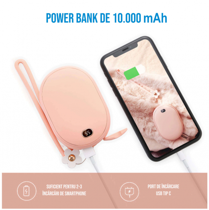 Incalzitor de maini Ideas4Comfort cu powerbank 10000mAh, 12W, incarcare USB tip C, 2 trepte incalzire, pana la 6 ore de functionare [5]