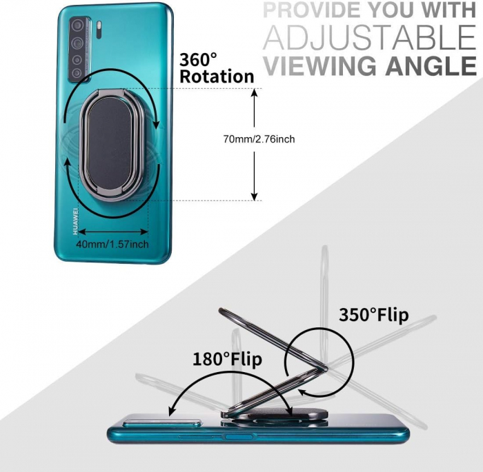 Inel pentru telefon cu suport magnetic, compact, cu functia stand de birou si agatatoare, adeziv 3M, rotativ 360⁰, universal, negru/argintiu/roz [8]